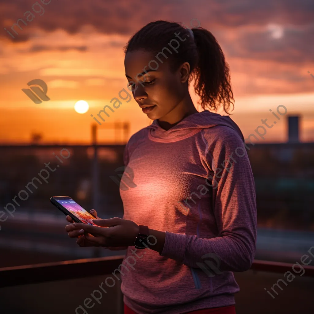 Woman checking fitness tracking app on smartphone during sunset run - Image 1