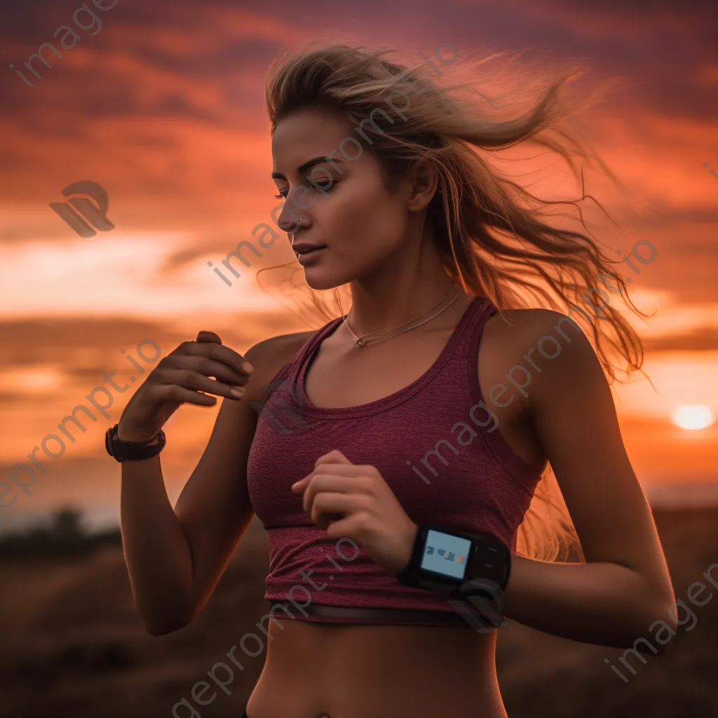 Woman checking fitness tracking app on smartphone during sunset run - Image 2