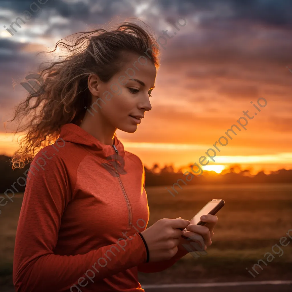 Woman checking fitness tracking app on smartphone during sunset run - Image 3