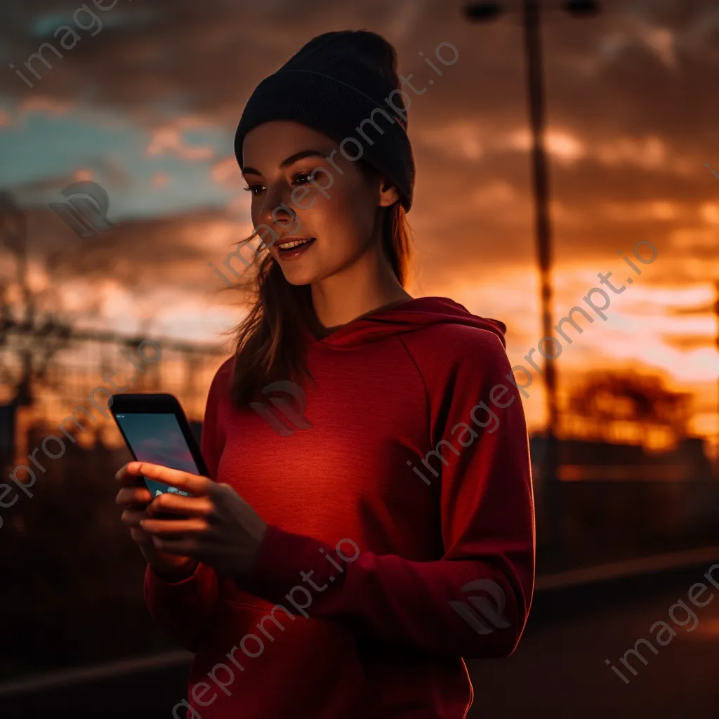 Woman checking fitness tracking app on smartphone during sunset run - Image 4