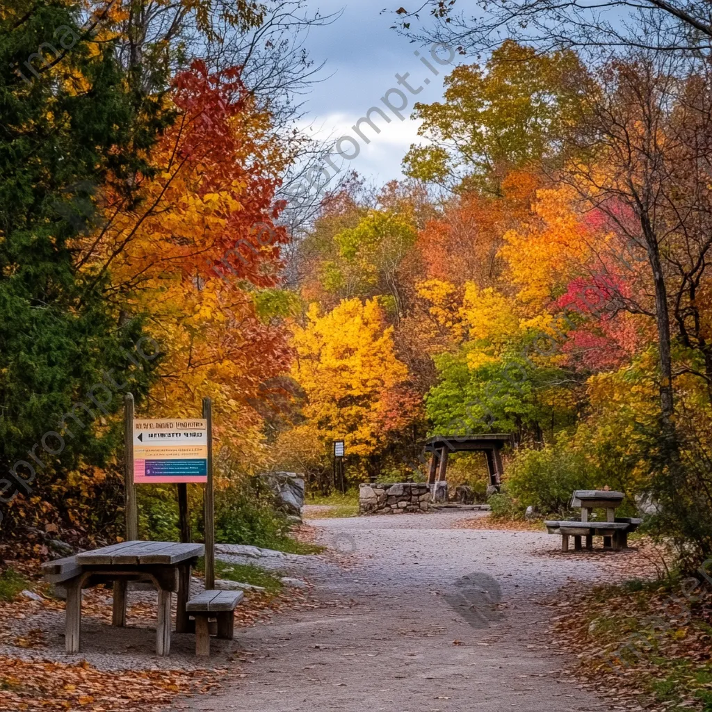 Trailhead sign surrounded by colorful trees in a picturesque park. - Image 1