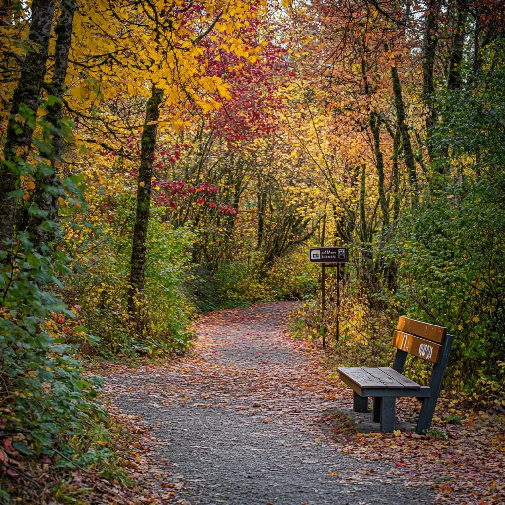 Trailhead sign surrounded by colorful trees in a picturesque park. - Image 4