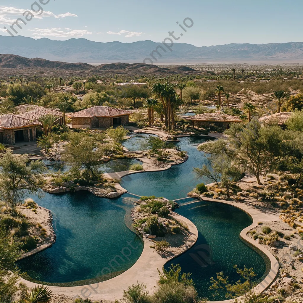 Aerial view of desert oasis with water and trees - Image 4