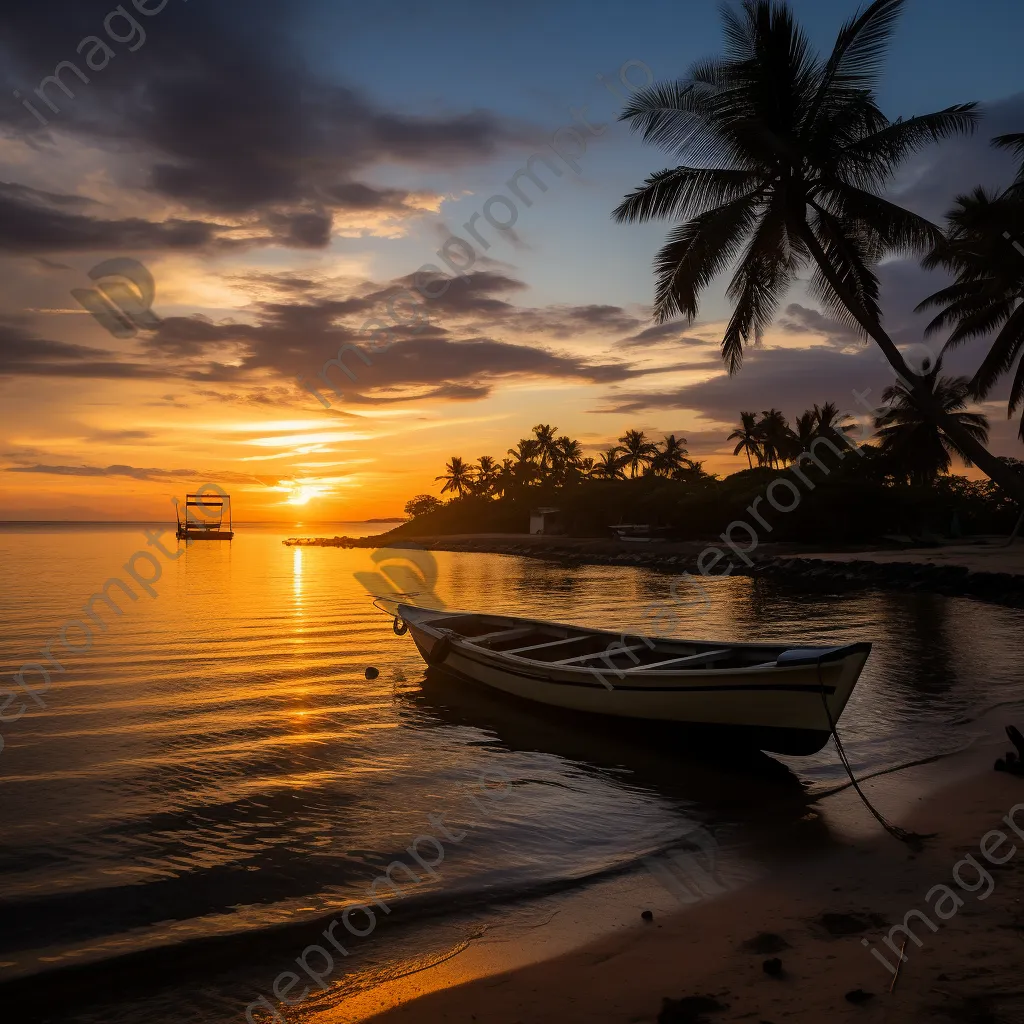 Silhouetted boats at sunset on a tropical island - Image 1