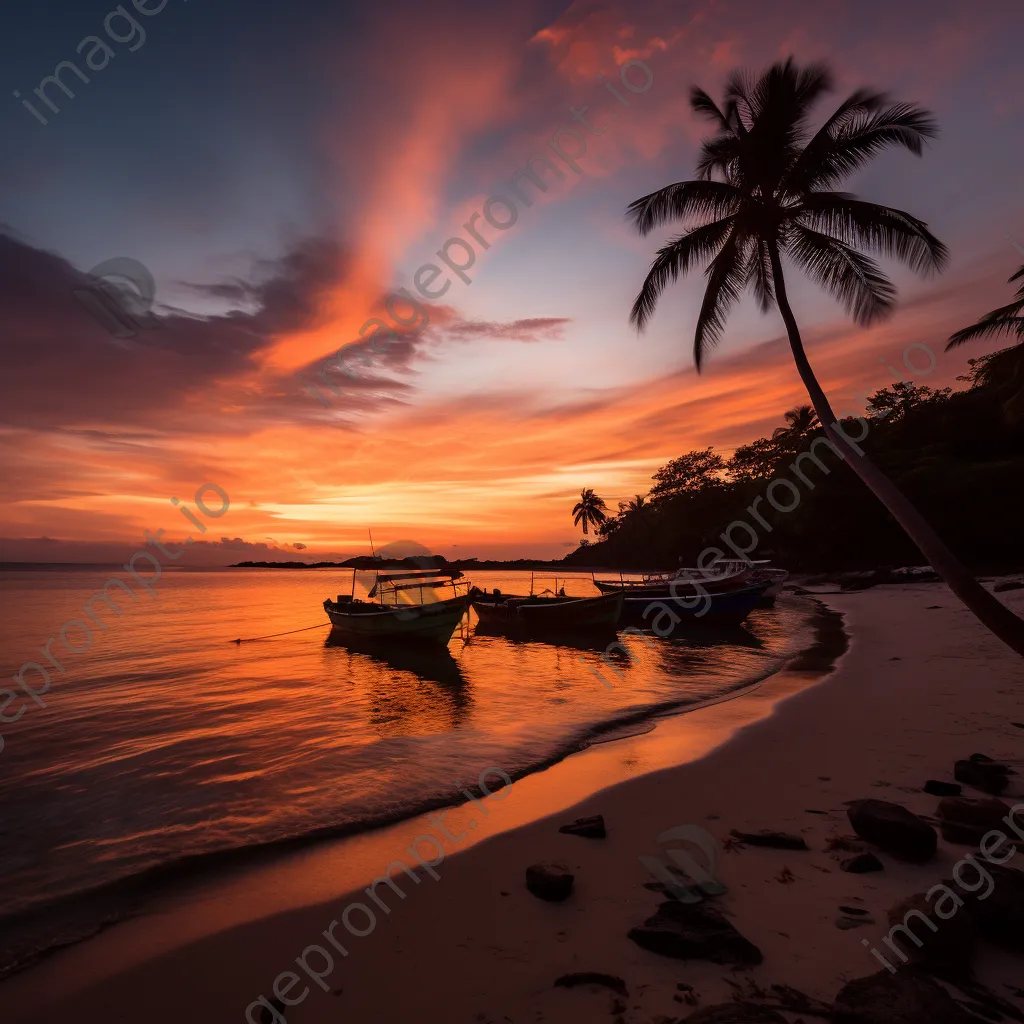 Silhouetted boats at sunset on a tropical island - Image 2