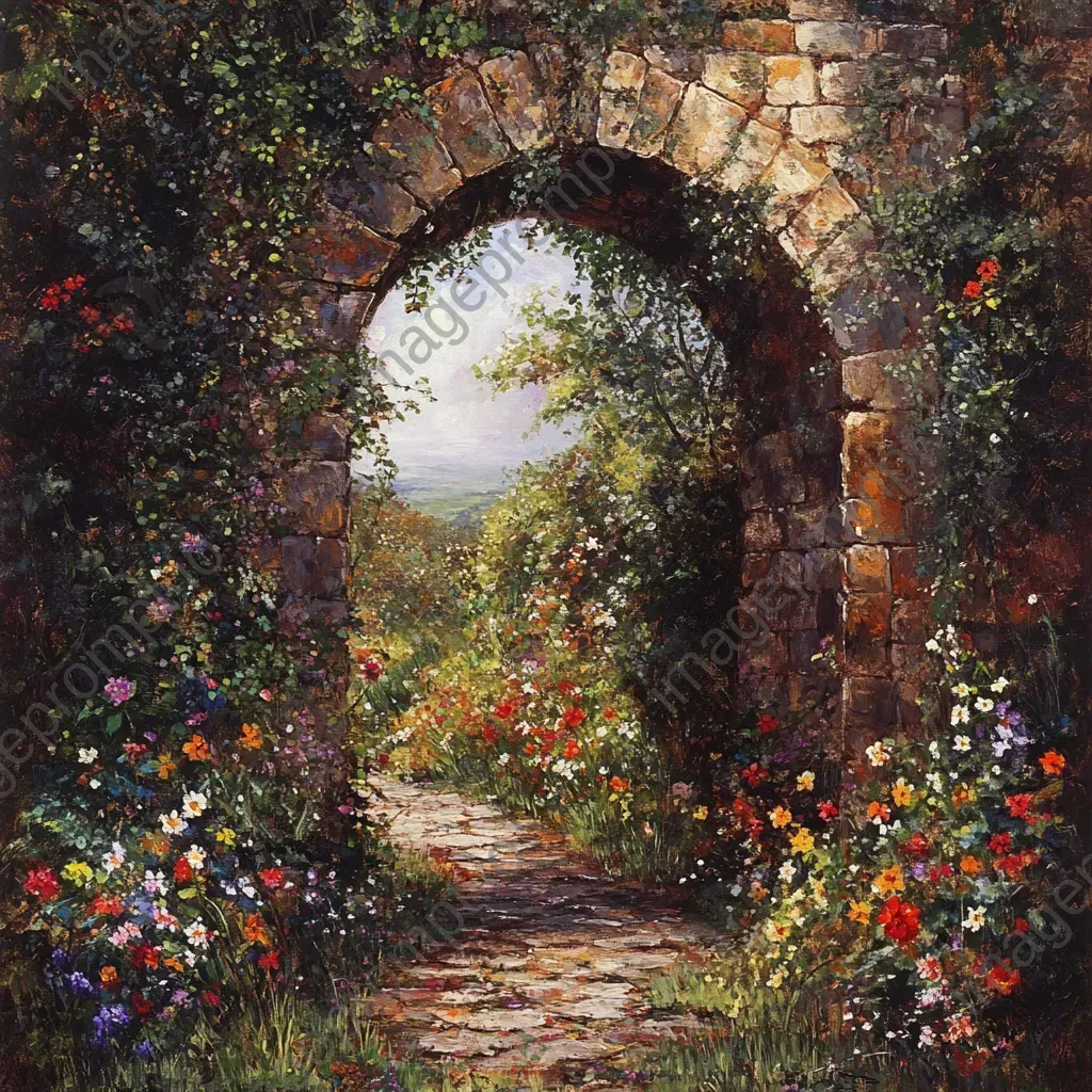 Stone archway peppered with vibrant wildflowers and lush ivy, channeling a Gothic romance aesthetic - Image 1