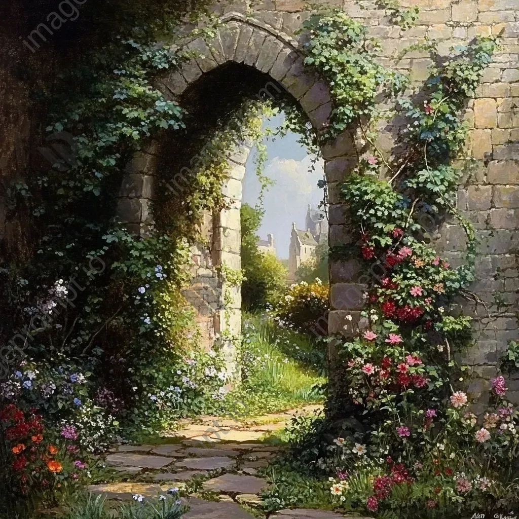 Stone archway peppered with vibrant wildflowers and lush ivy, channeling a Gothic romance aesthetic - Image 2