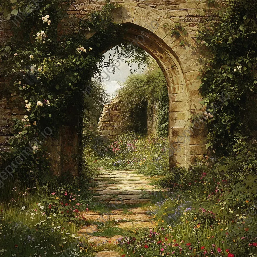 Stone archway peppered with vibrant wildflowers and lush ivy, channeling a Gothic romance aesthetic - Image 3