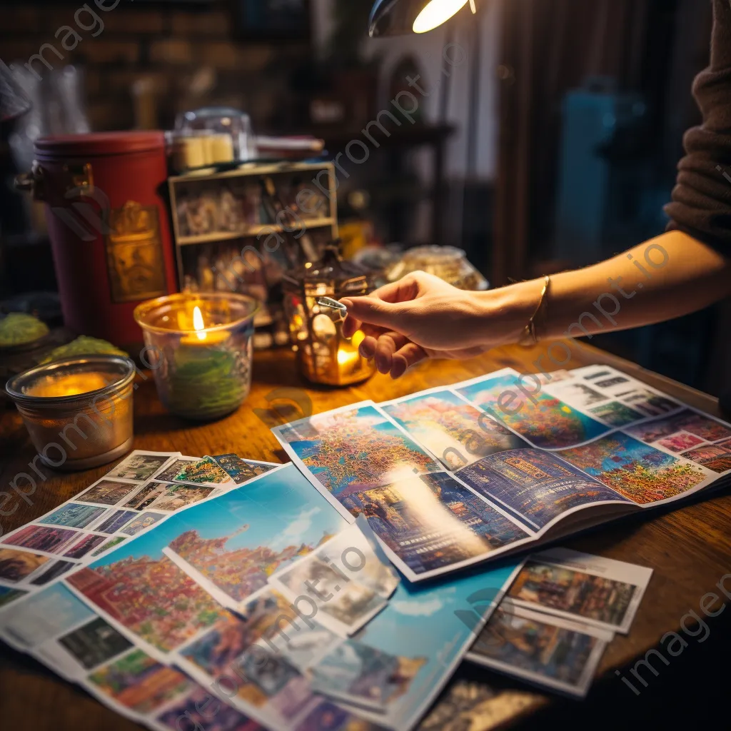 Hand flipping through a travel guide next to a passport and notebook. - Image 1