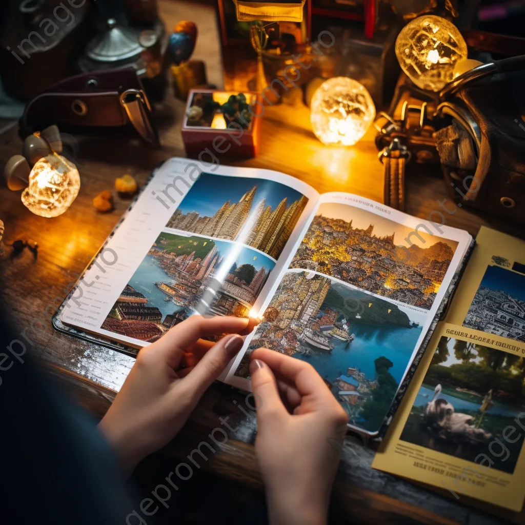 Hand flipping through a travel guide next to a passport and notebook. - Image 3