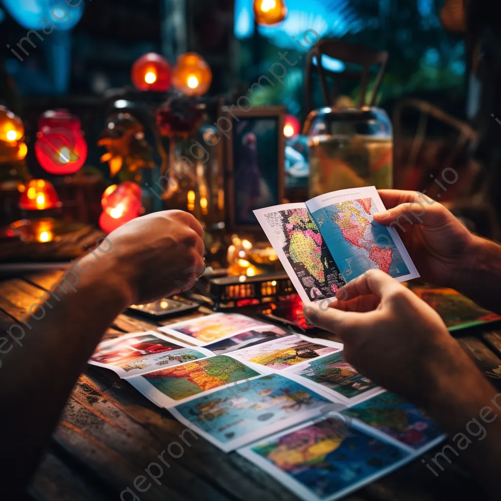 Hand flipping through a travel guide next to a passport and notebook. - Image 4