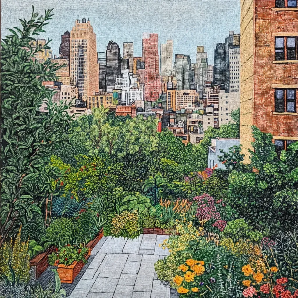 City view from a rooftop garden illustrated using pointillism - Image 1