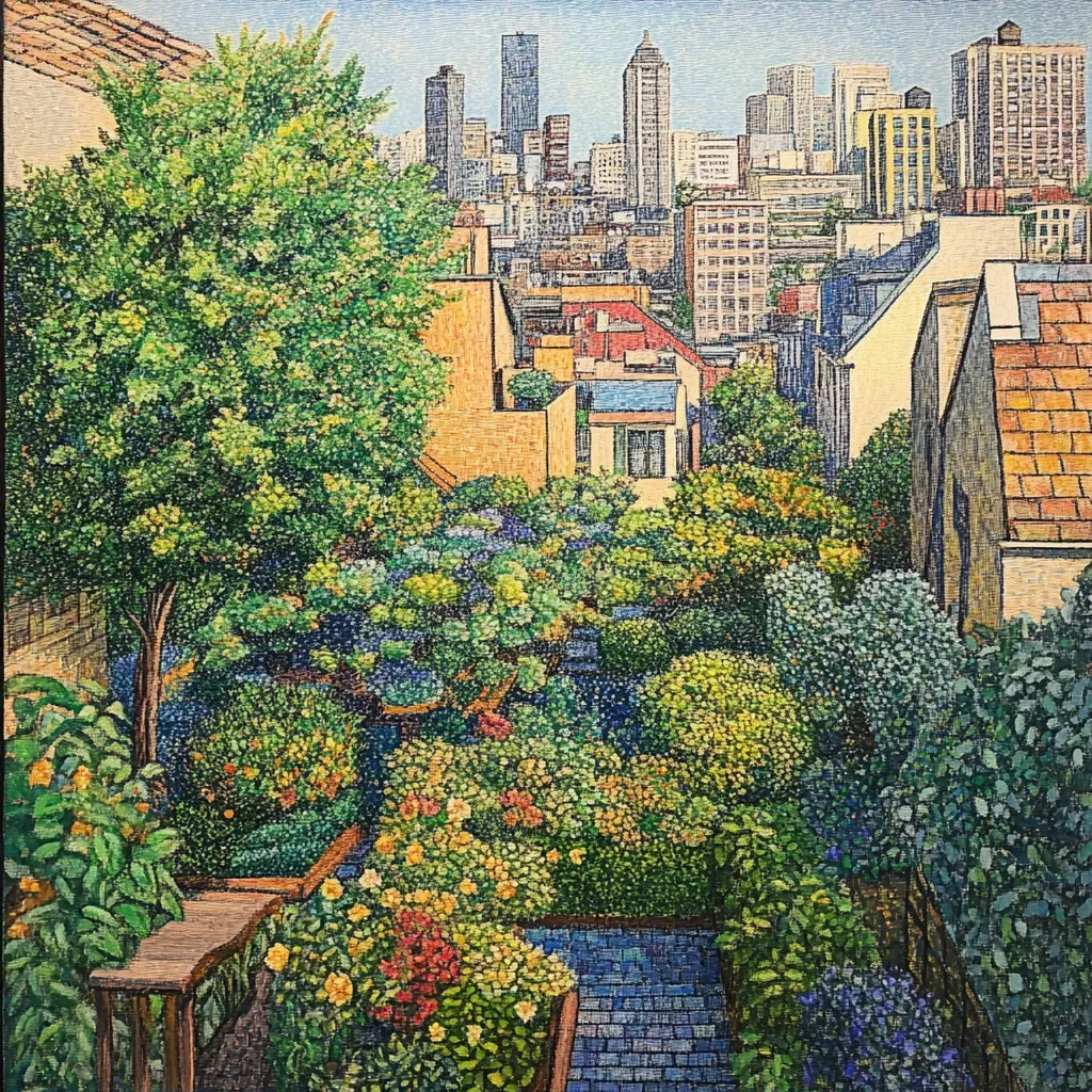 City view from a rooftop garden illustrated using pointillism - Image 2