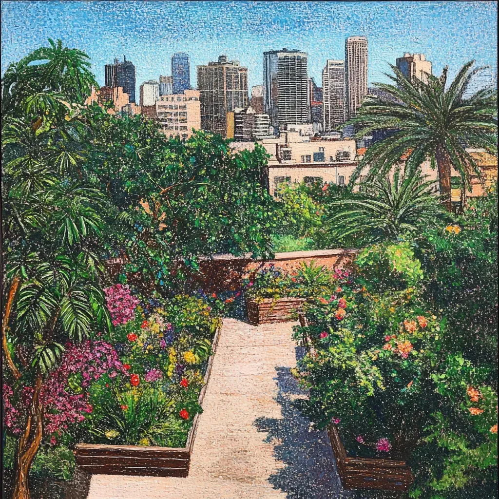 City view from a rooftop garden illustrated using pointillism - Image 3