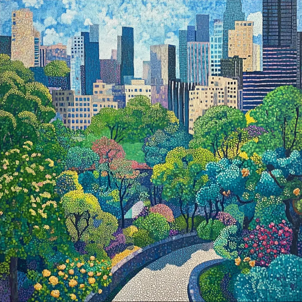 City view from a rooftop garden illustrated using pointillism - Image 4