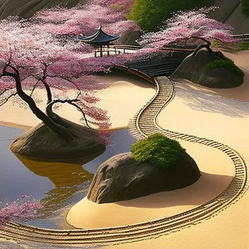 Japanese garden with cherry blossom trees and ornamental bridge - Image 2