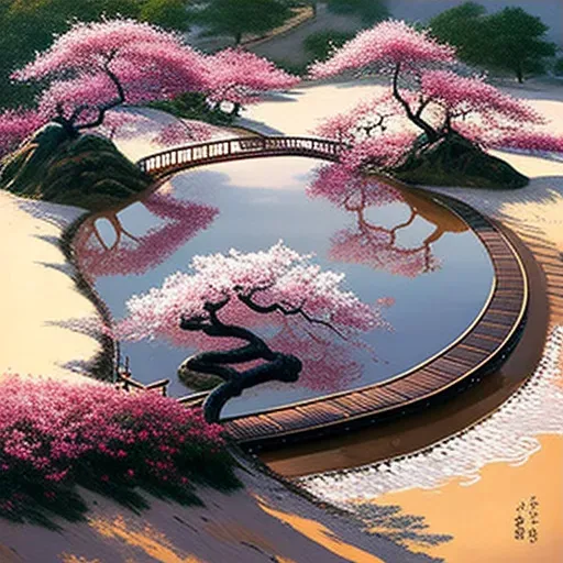 Japanese garden with cherry blossom trees and ornamental bridge - Image 3