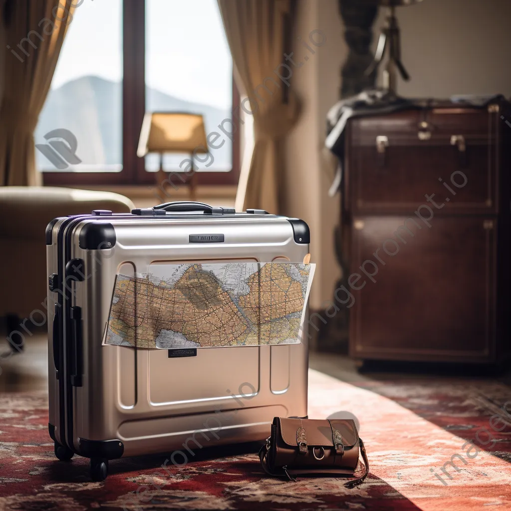 Partially open suitcase with map and camera in hotel room - Image 1