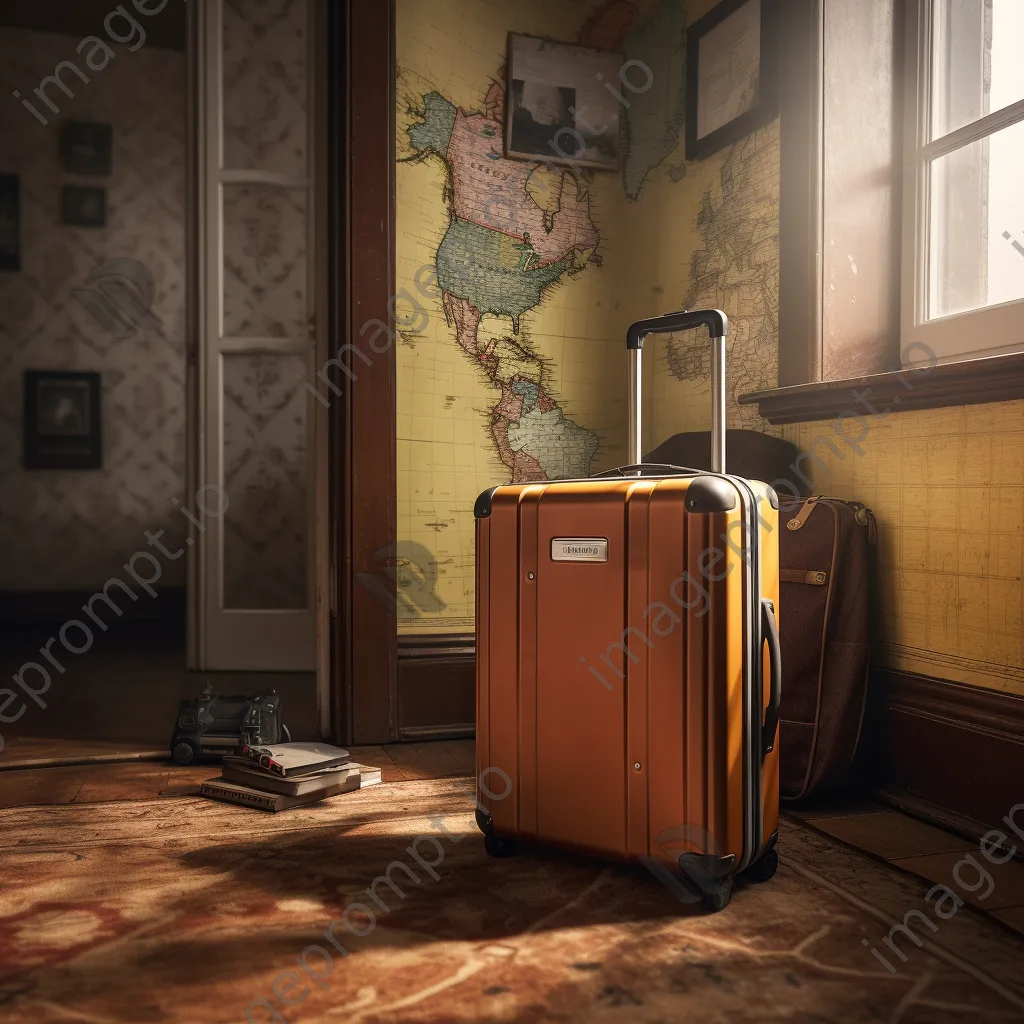 Partially open suitcase with map and camera in hotel room - Image 2