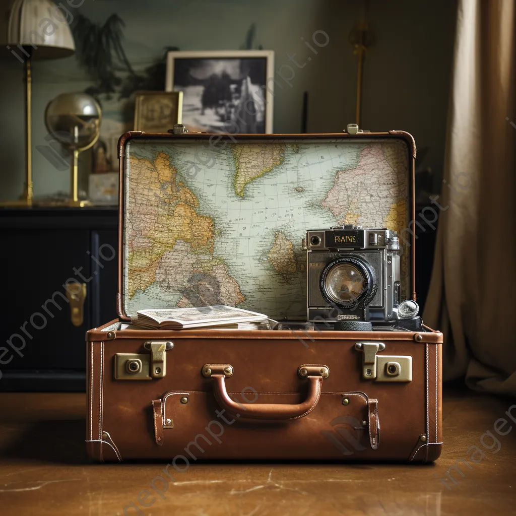 Partially open suitcase with map and camera in hotel room - Image 3