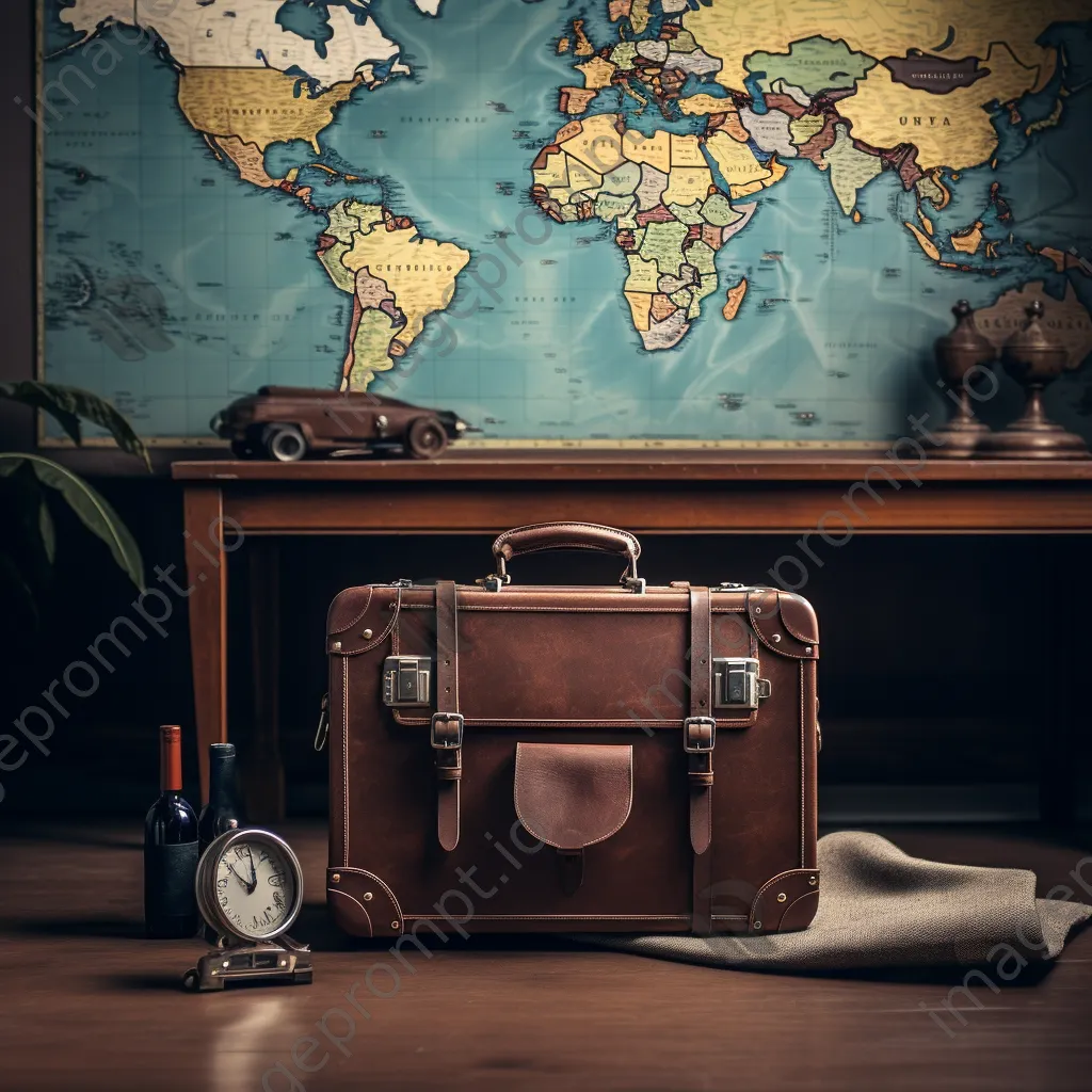 Partially open suitcase with map and camera in hotel room - Image 4