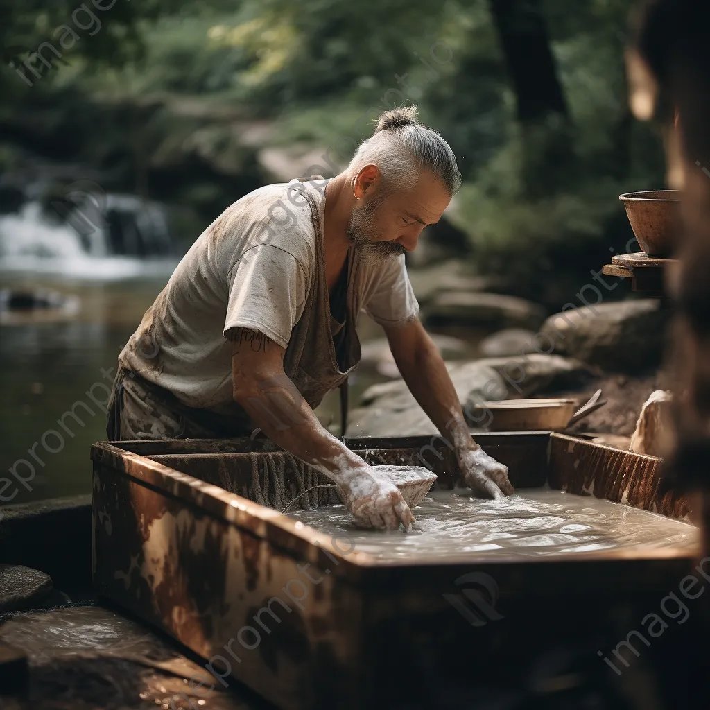 Artisan dipping recycled paper into water for making. - Image 1