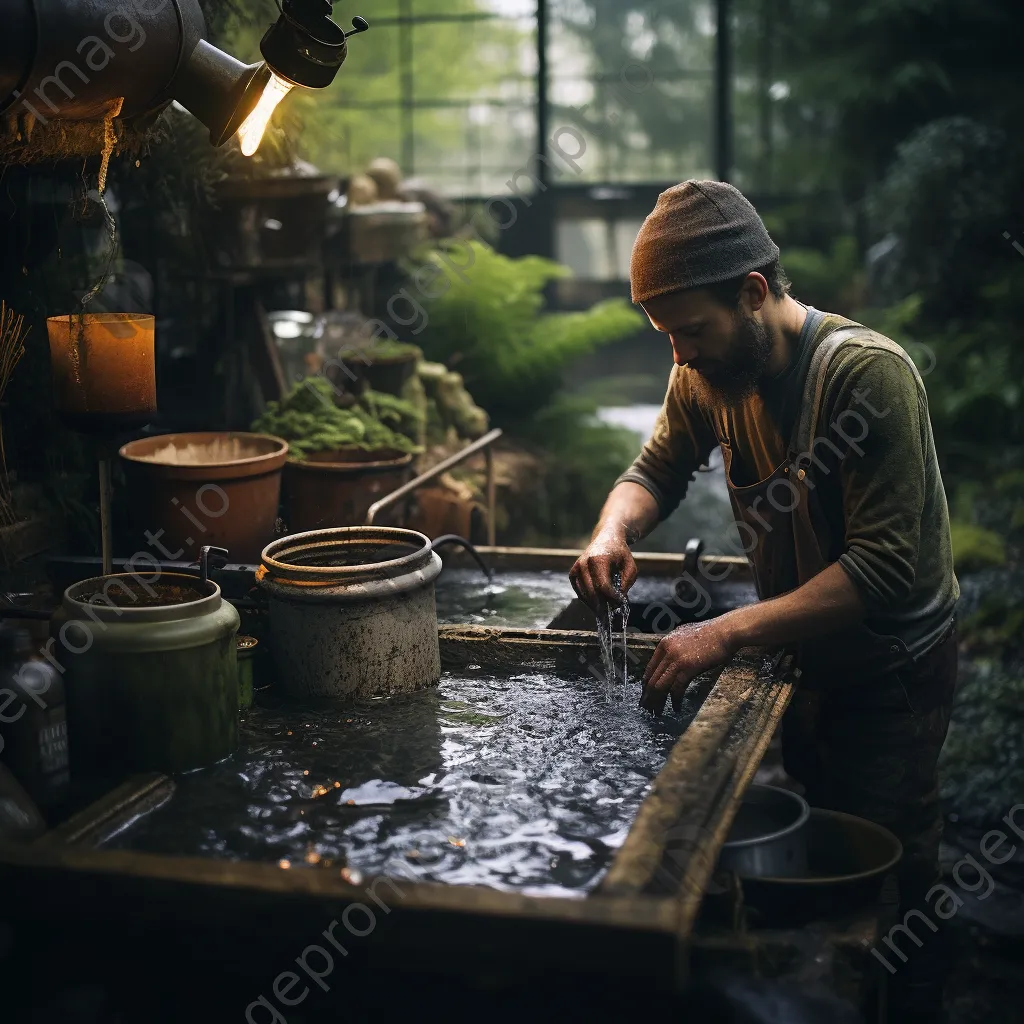 Artisan dipping recycled paper into water for making. - Image 4