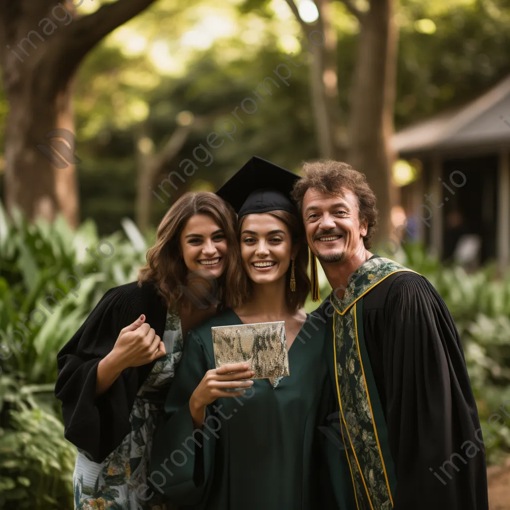 Graduate taking selfies with family in a garden, holding diploma - Image 1