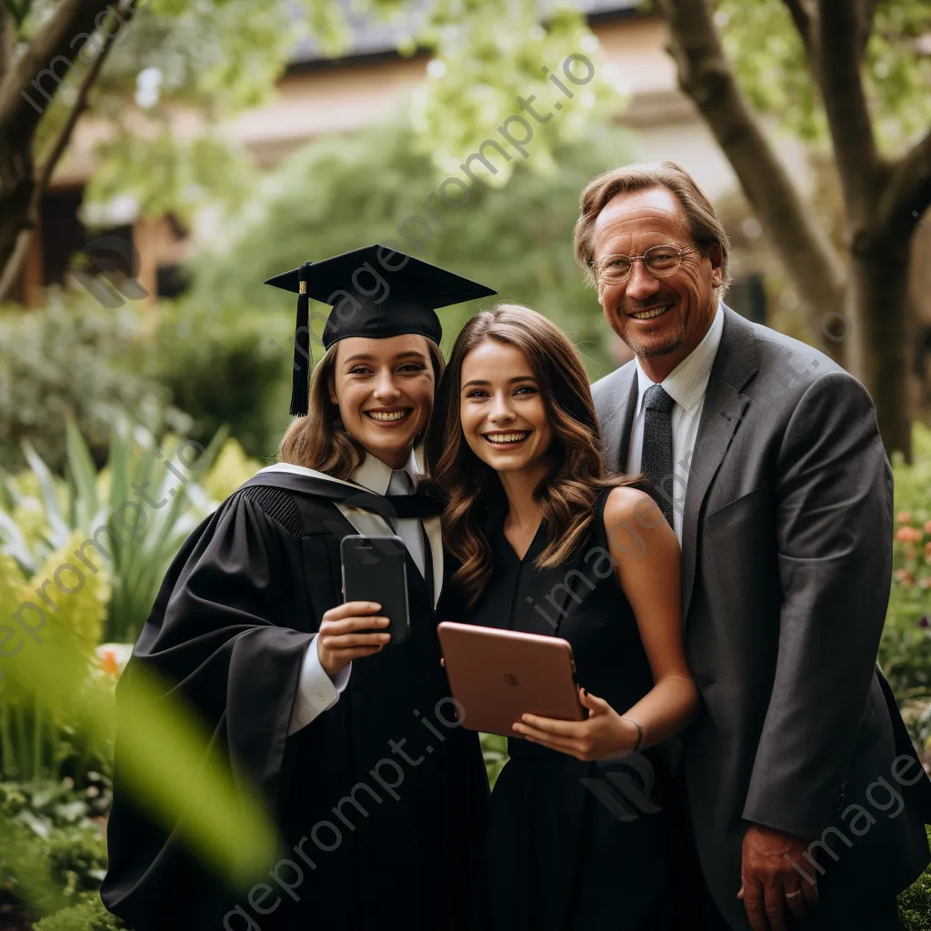 Graduate taking selfies with family in a garden, holding diploma - Image 2