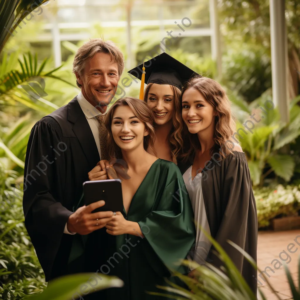 Graduate taking selfies with family in a garden, holding diploma - Image 3