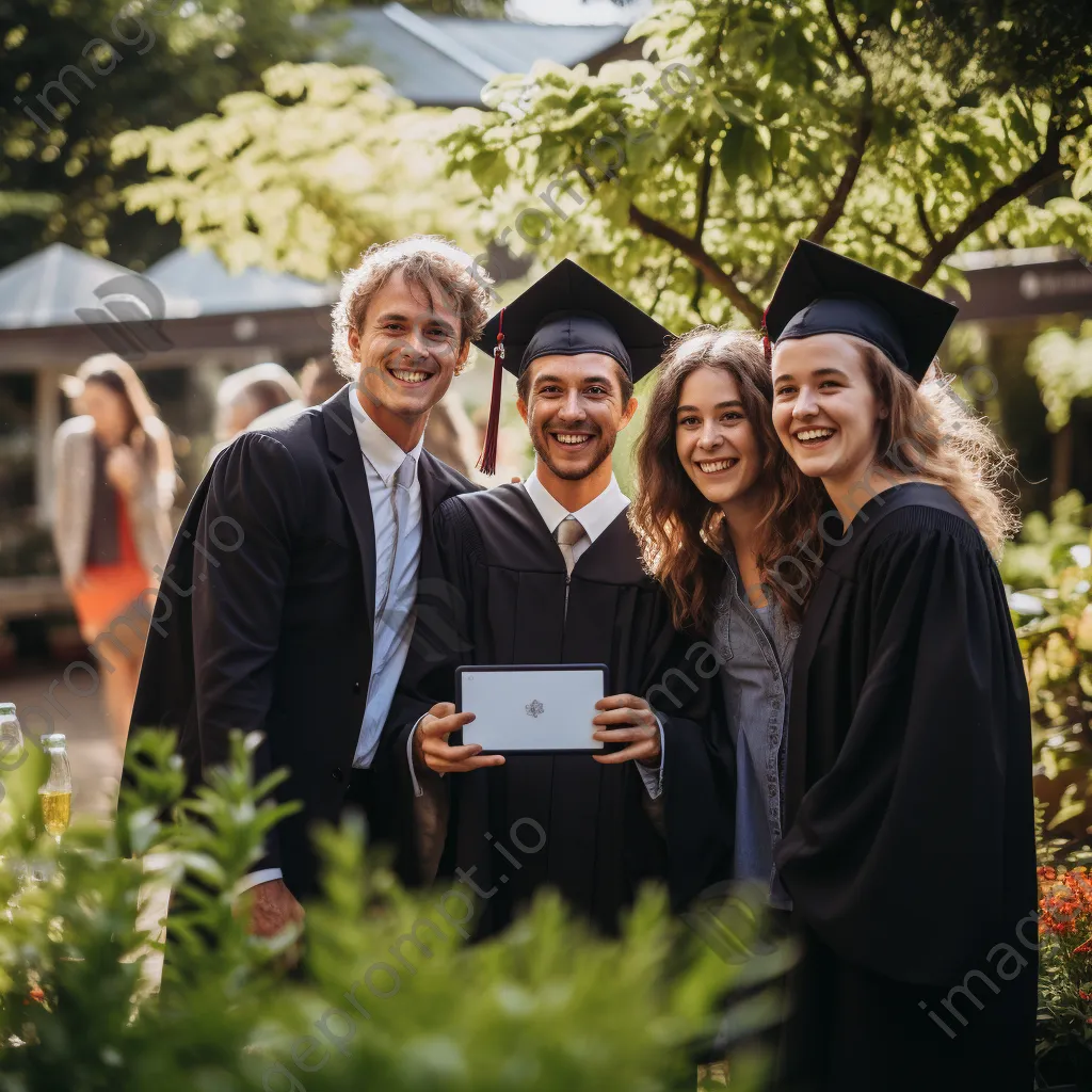 Graduate taking selfies with family in a garden, holding diploma - Image 4