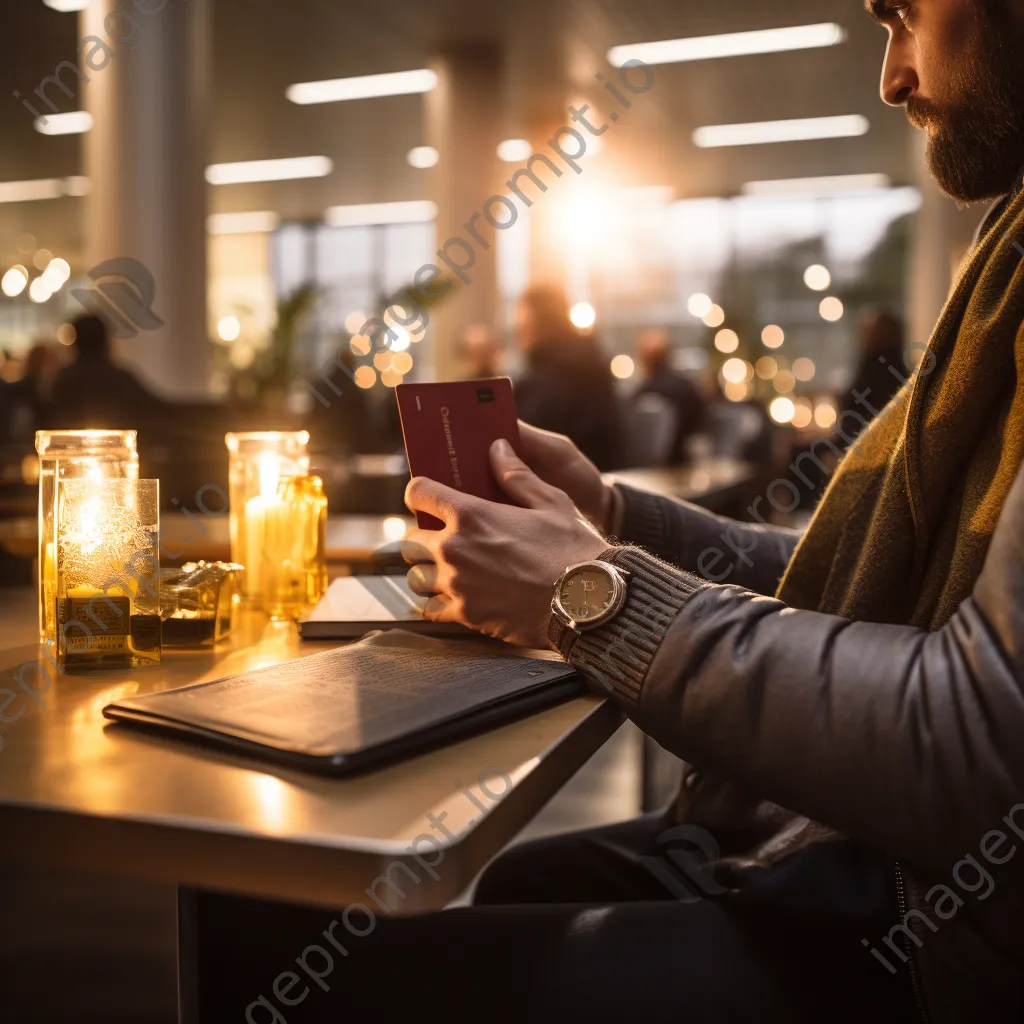 Traveler holding passport and boarding pass in an airport lounge. - Image 4