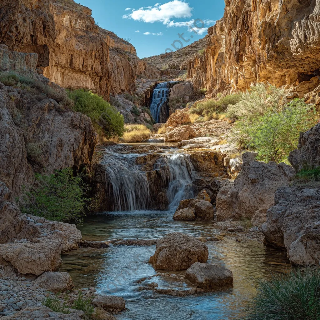 Cascading water spring in a rocky desert landscape - Image 1