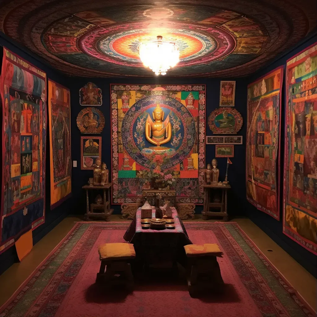 Image of a peaceful Tibetan prayer room with colorful mandalas and thangka paintings - Image 1