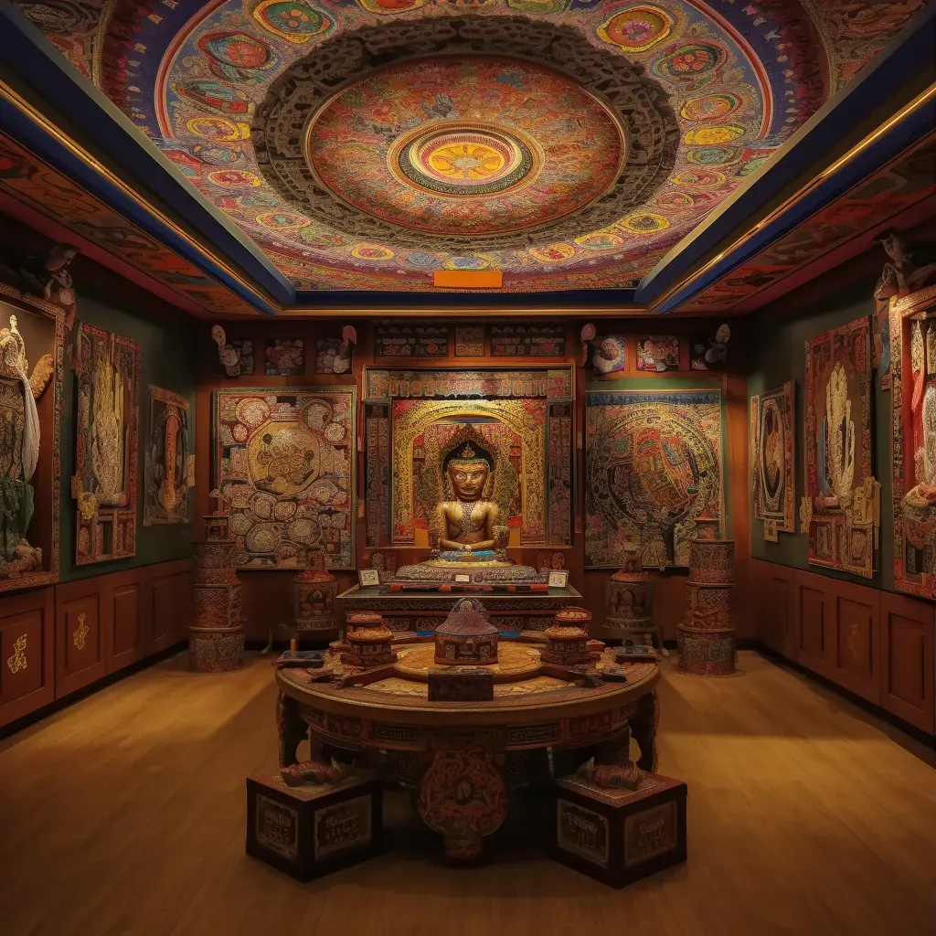 Image of a peaceful Tibetan prayer room with colorful mandalas and thangka paintings - Image 3