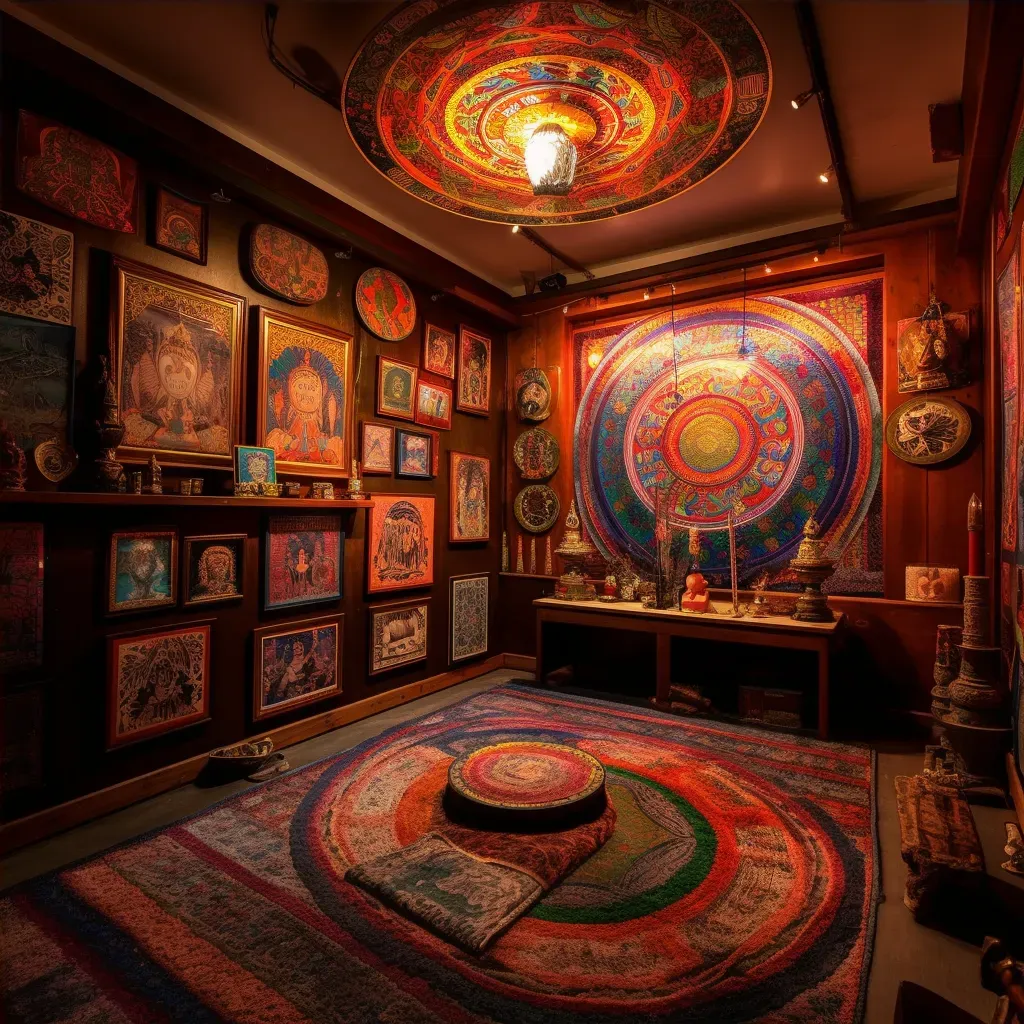 Image of a peaceful Tibetan prayer room with colorful mandalas and thangka paintings - Image 4