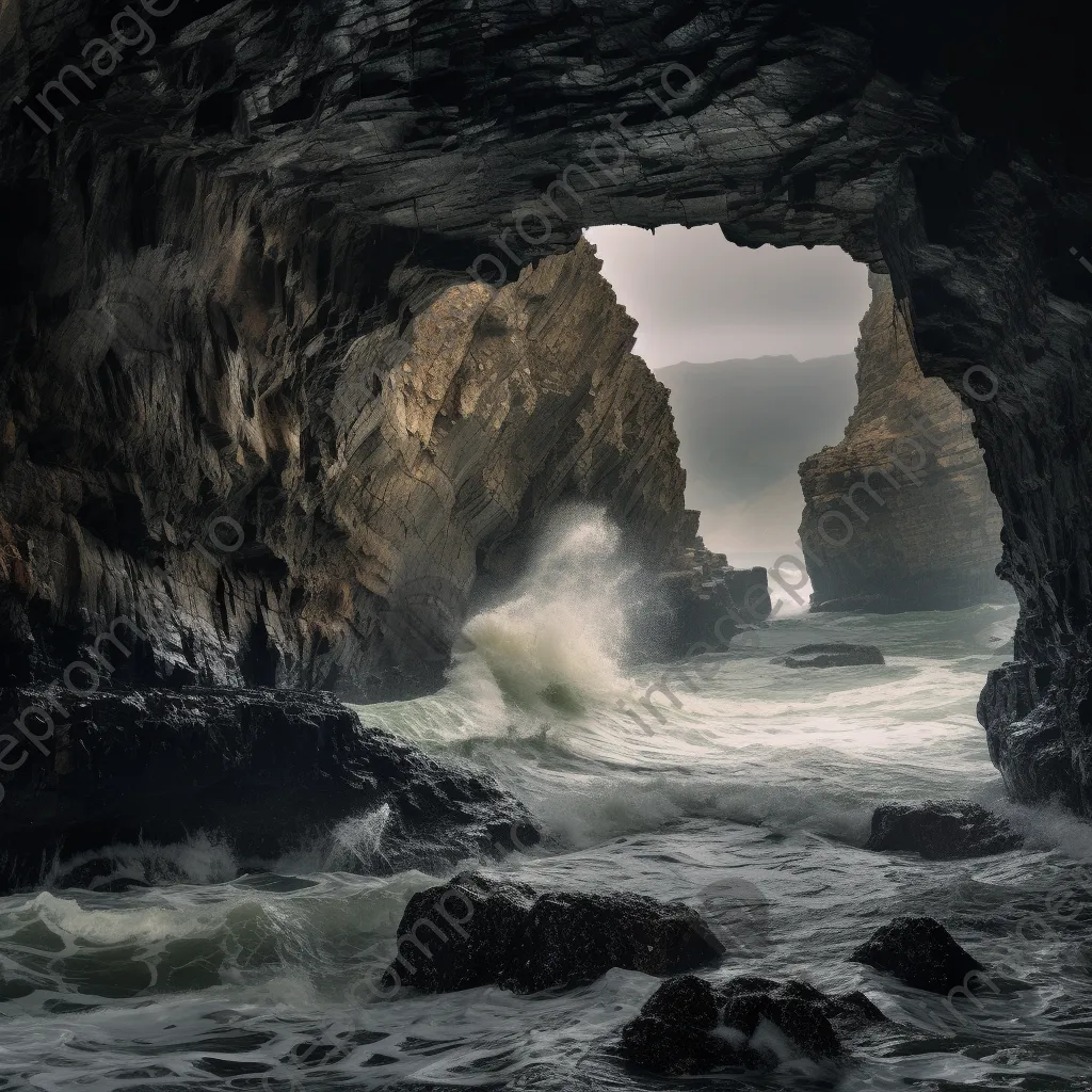 Waves crashing on coastal caves during a storm - Image 1