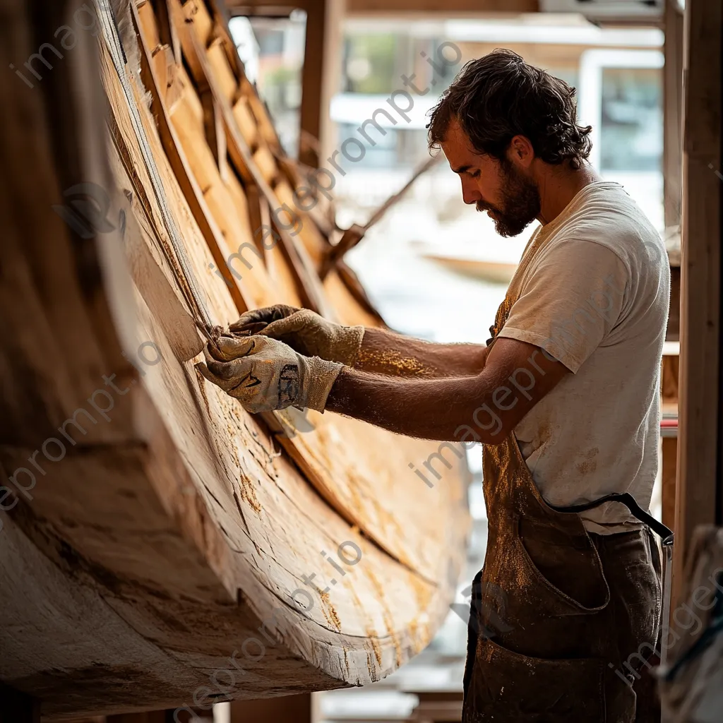 Close-up of glue application on a wooden boat hull in a workshop - Image 1