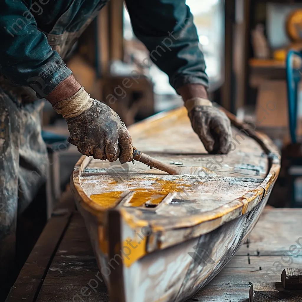 Close-up of glue application on a wooden boat hull in a workshop - Image 2