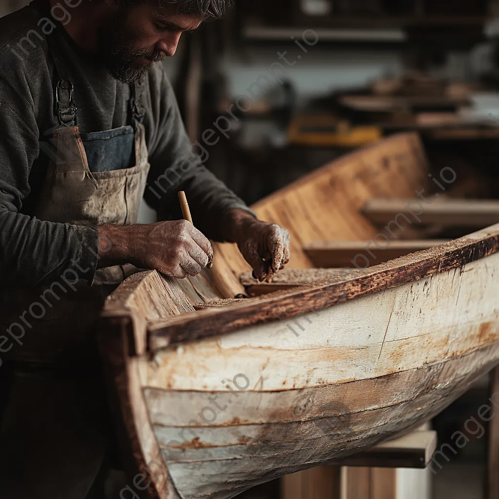 Close-up of glue application on a wooden boat hull in a workshop - Image 4