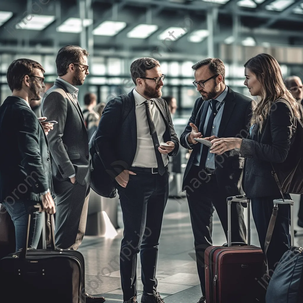 A group of business travelers discussing at an airport gate - Image 1