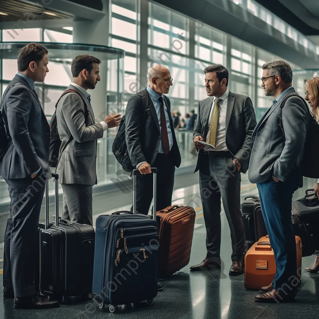 A group of business travelers discussing at an airport gate - Image 2