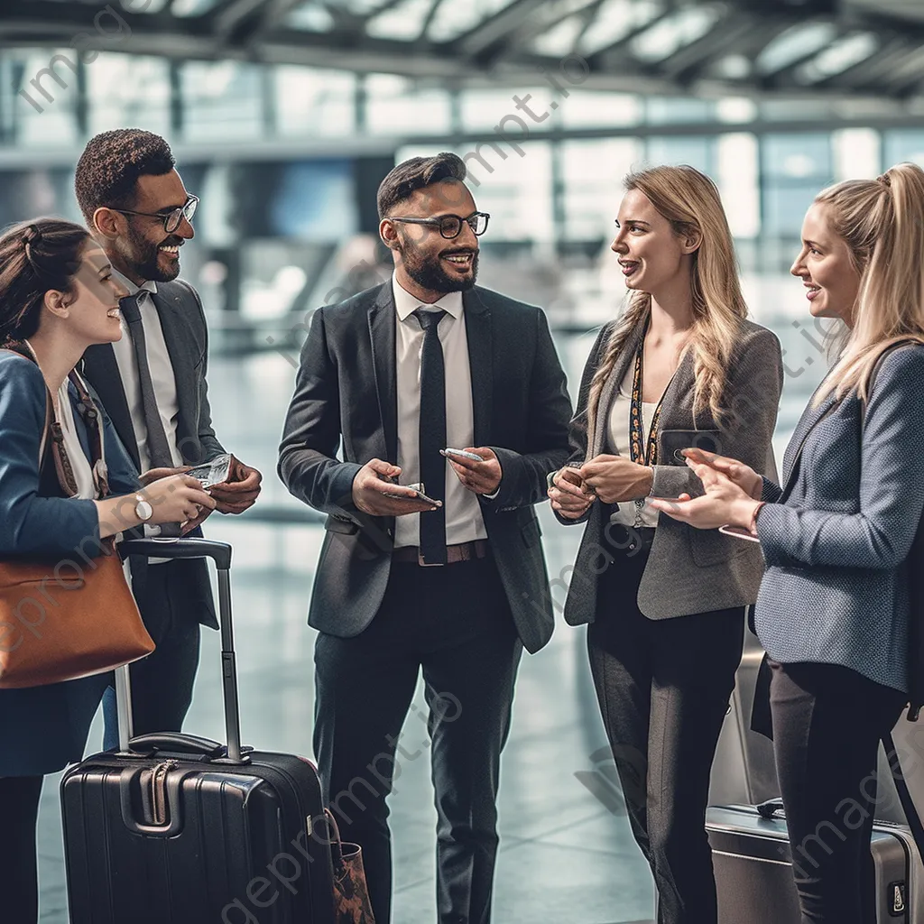 A group of business travelers discussing at an airport gate - Image 3