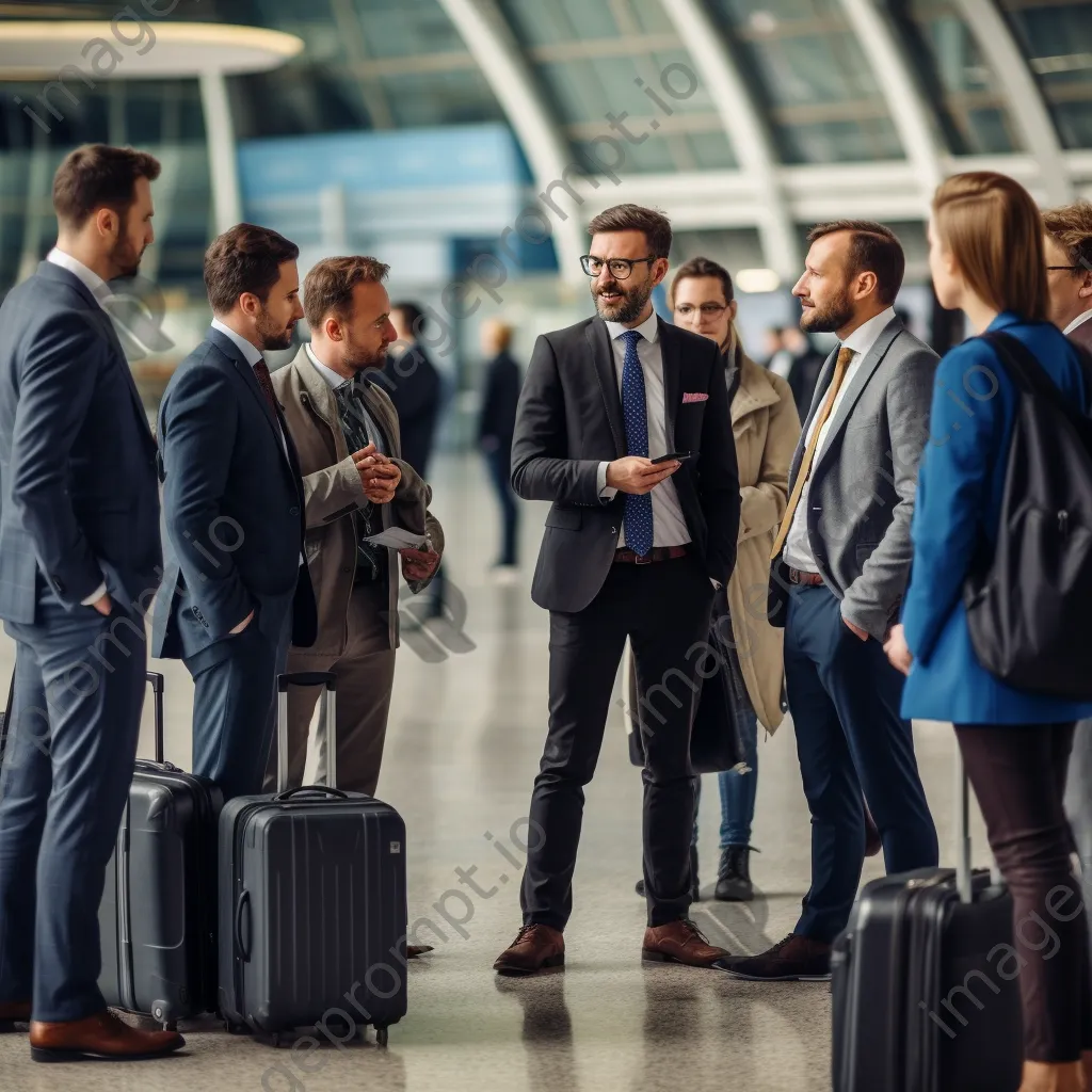 A group of business travelers discussing at an airport gate - Image 4