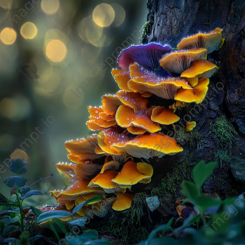 Colorful fungi growing on a tree trunk in a forest understory. - Image 1