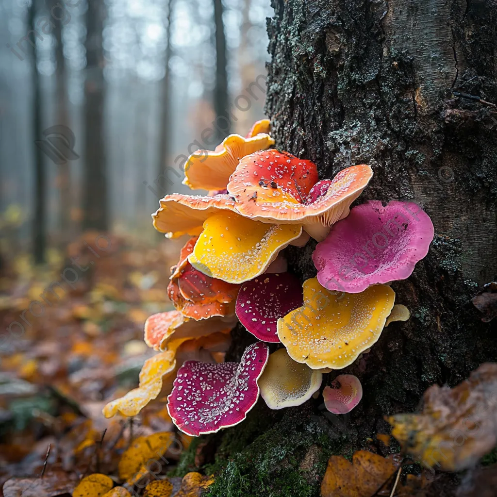 Colorful fungi growing on a tree trunk in a forest understory. - Image 2