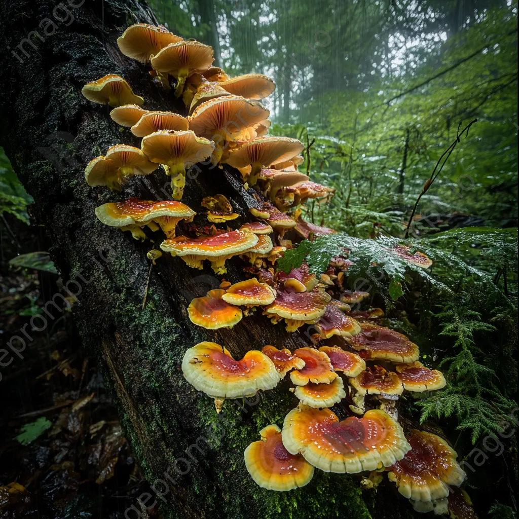 Colorful fungi growing on a tree trunk in a forest understory. - Image 3