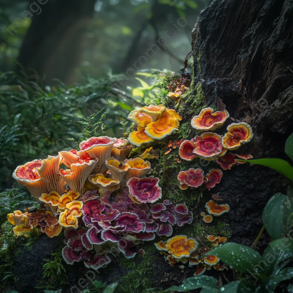 Colorful fungi growing on a tree trunk in a forest understory. - Image 4