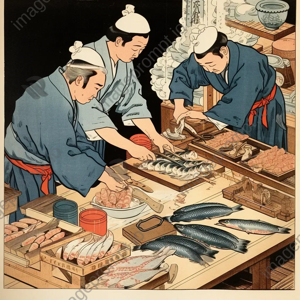 Ukiyo-e style woodblock print of sushi preparation - Image 1