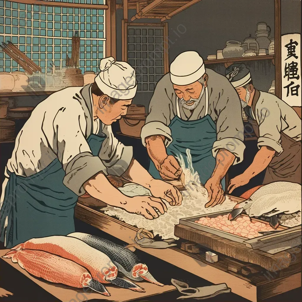 Ukiyo-e style woodblock print of sushi preparation - Image 2